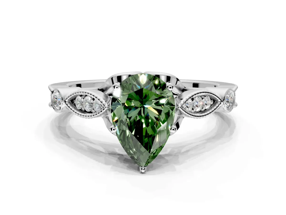 Solitaire Engagement Ring Setting for Fancy Green Pear-Shaped Center with Marquise and Bezel Accents and Prong Head in White Gold