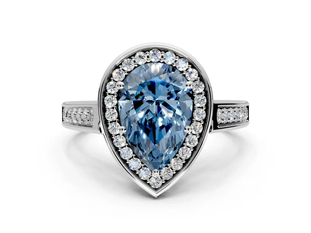 Halo Engagement Ring Setting for Fancy Blue Pear-Shaped Center with Outer Bezel Rim, Pave Band and Prong Head in Platinum