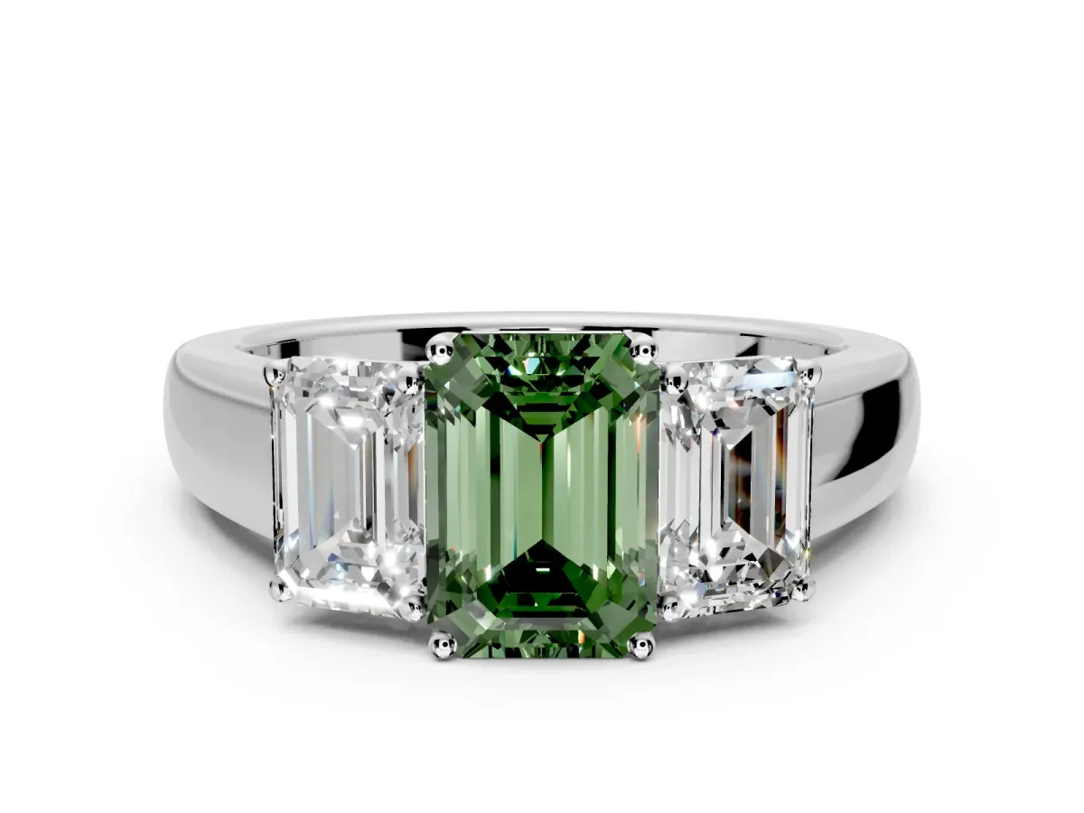 3 Stone Engagement Ring Setting for Fancy Green Emerald Cut Center with Raised Basket Heads and Prong Head in White Gold