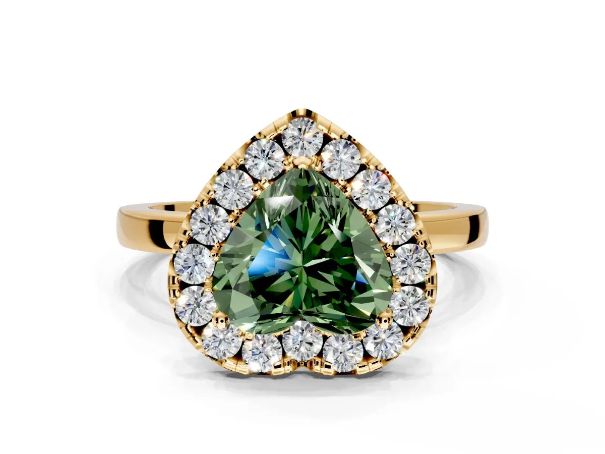Halo Engagement Ring Setting for Fancy Green Heart-Shaped Center with Thin Plain Band and Prong Head in Yellow Gold