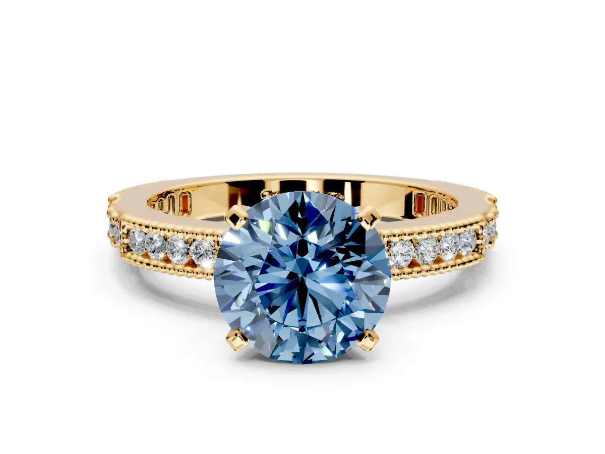 Solitaire Engagement Ring Setting for Fancy Blue Round Cut Center with Milgrain-Edged Pave Band and Prong Head in Yellow Gold