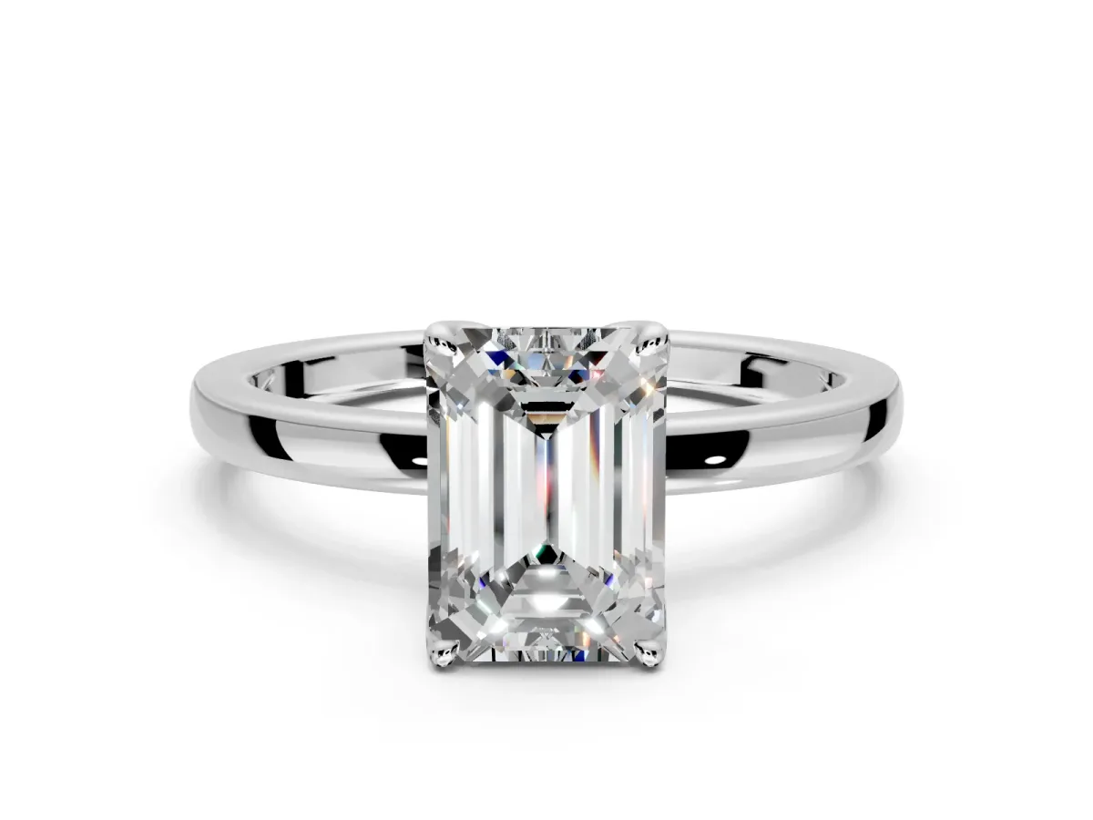 Solitaire Engagement Ring Setting for Emerald Cut Center with Thin Rounded Plain Band and Prong Head in Platinum