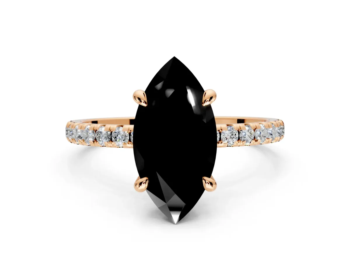 Solitaire Engagement Ring Setting for Fancy Black Marquise Center with Fine Pave Narrow Band and Prong Head in Rose Gold