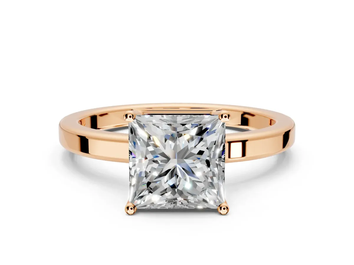 Hidden Halo Engagement Ring Setting for Princess Cut Center with Wide Flat Plain Band and Prong Head in Rose Gold