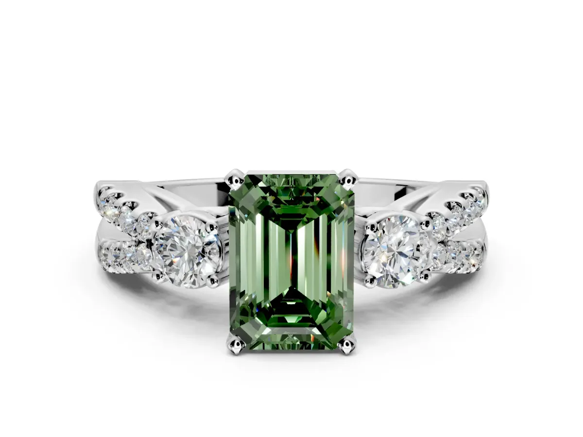 3 Stone Engagement Ring Setting for Fancy Green Emerald Cut Center with Pave Split Shank and Prong Head in Platinum
