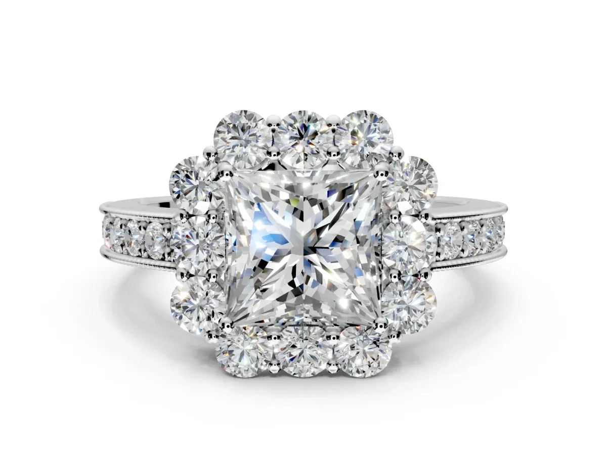 Halo Engagement Ring Setting for Princess Cut Center with Milgrain Channel Band and Prong Head in Sterling Silver