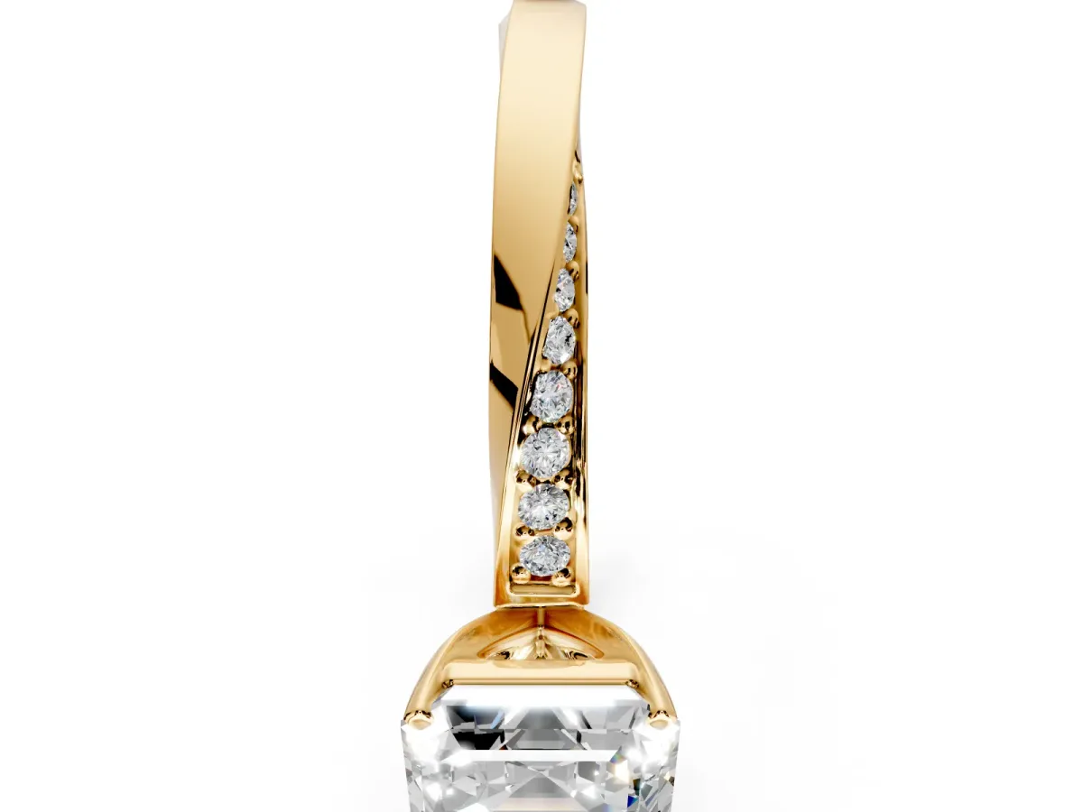 Side Accent Engagement Ring Setting for Asscher Cut Center with Accent Shoulders and Prong Head in Yellow Gold
