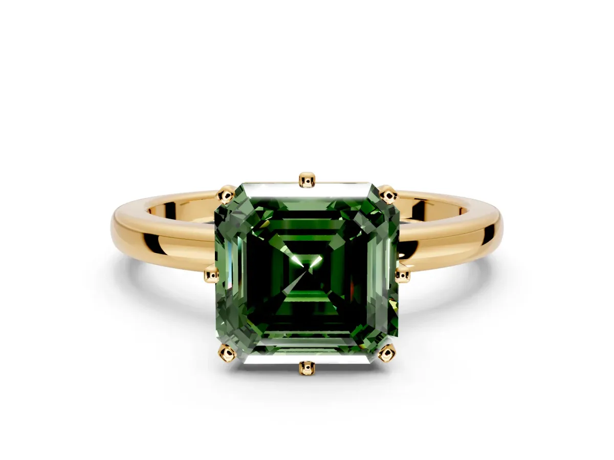 Solitaire Engagement Ring Setting for Fancy Green Asscher Cut Center with Plain Band and Tulip Prong Head in Yellow Gold