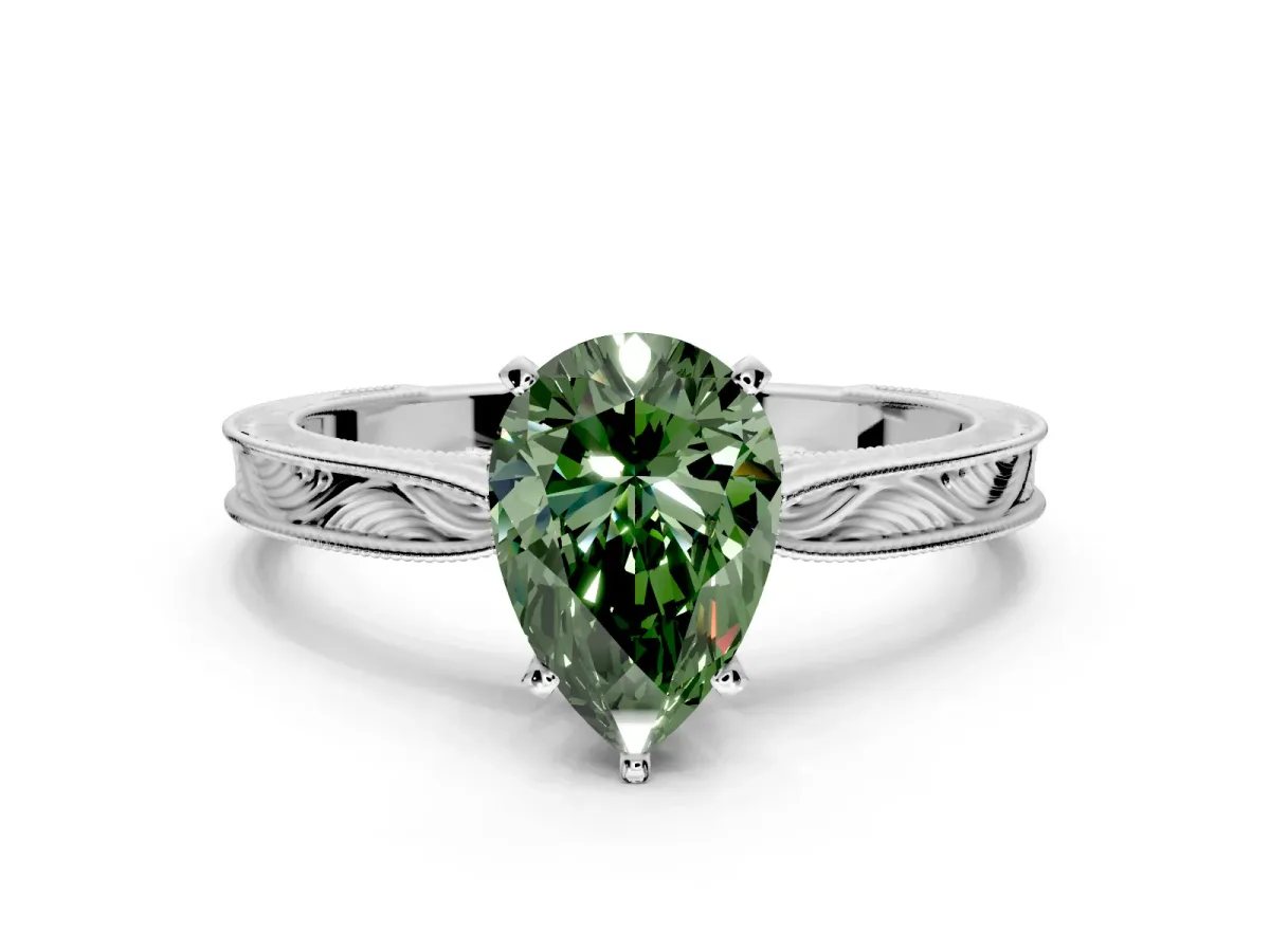 Solitaire Engagement Ring Setting for Fancy Green Pear-Shaped Center with Engraved Milgrain Band and Prong Head in Platinum