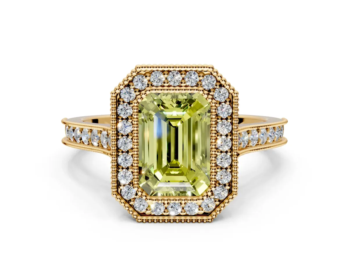 Halo Engagement Ring Setting for Fancy Yellow Emerald Cut Center with Milgrain Pave Band and Bezel Head in Yellow Gold
