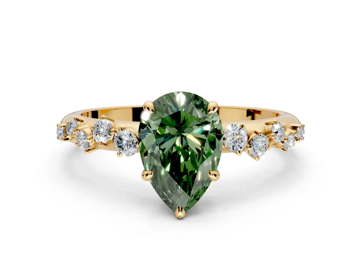 Cluster Engagement Ring Setting for Fancy Green Pear-Shaped Center with Round Cut Accent Band and Prong Head in Yellow Gold