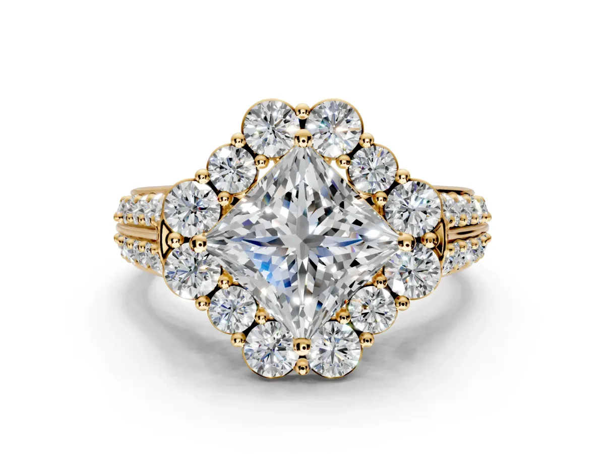 Large Accent Halo Engagement Ring Setting for Princess Cut Center with Pave Split Shank and Prong Head in Yellow Gold