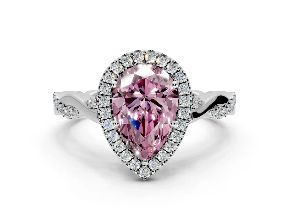Halo Engagement Ring Setting for Fancy Pink Pear-Shaped Center with Twist Band and Prong Head in Platinum
