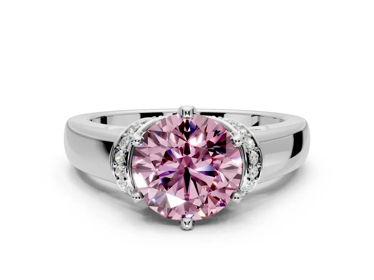 Solitaire Engagement Ring Setting for Fancy Pink Round Cut Center with Wide Band, Pave Collar and Prong Head in Sterling Silver