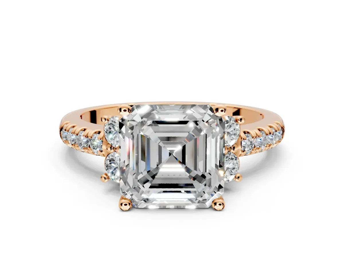 Paired Accent Engagement Ring Setting for Asscher Cut Center with Pave Band and Prong Head in Rose Gold