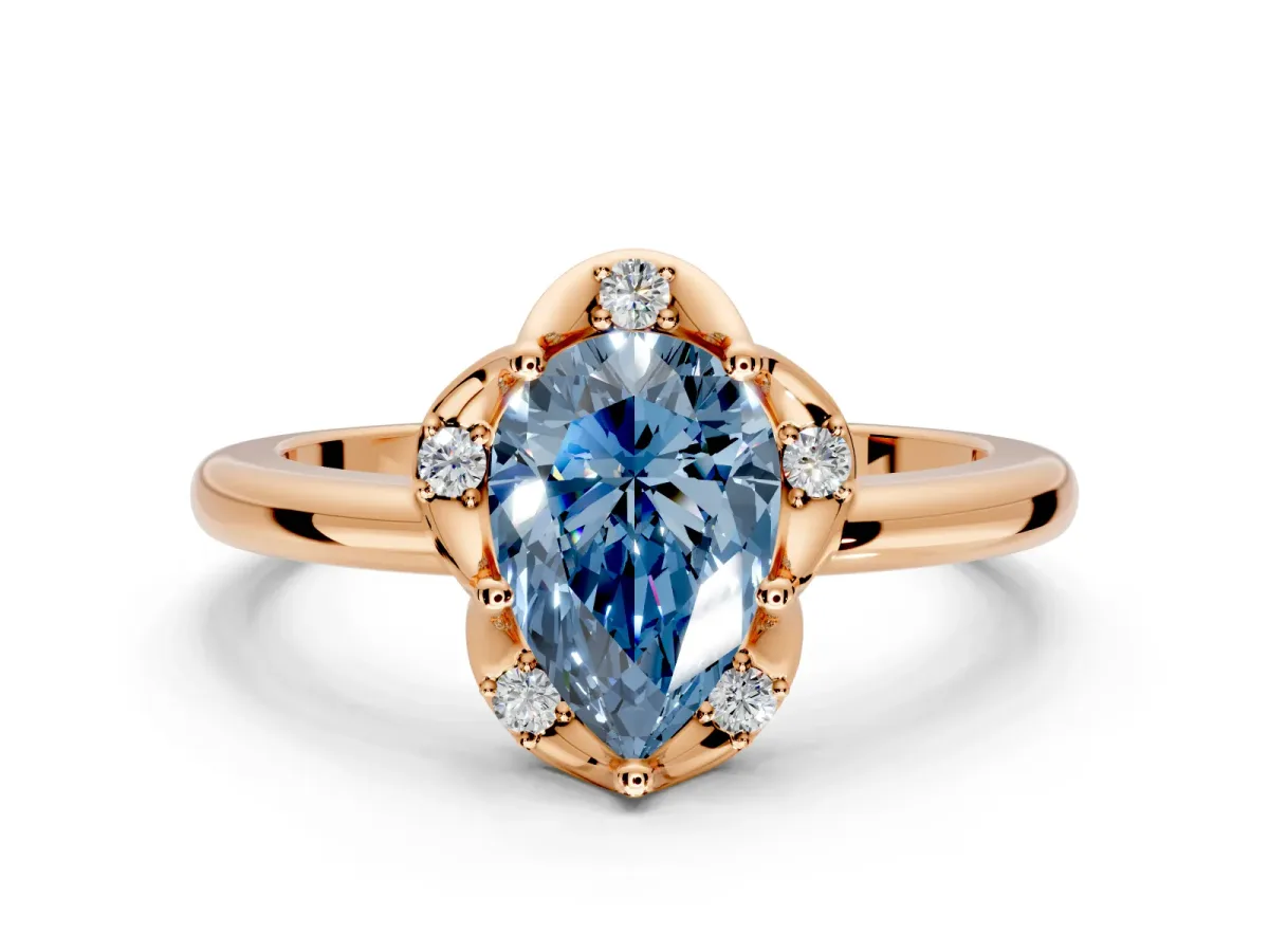 Floral Frame Engagement Ring Setting for Fancy Blue Pear-Shaped Center with Accent Clusters and Prong Head in Rose Gold