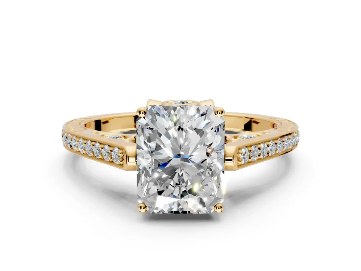 Cathedral Engagement Ring Setting for Radiant Cut Center with Antique-Style Pave Band and Prong Head in Yellow Gold