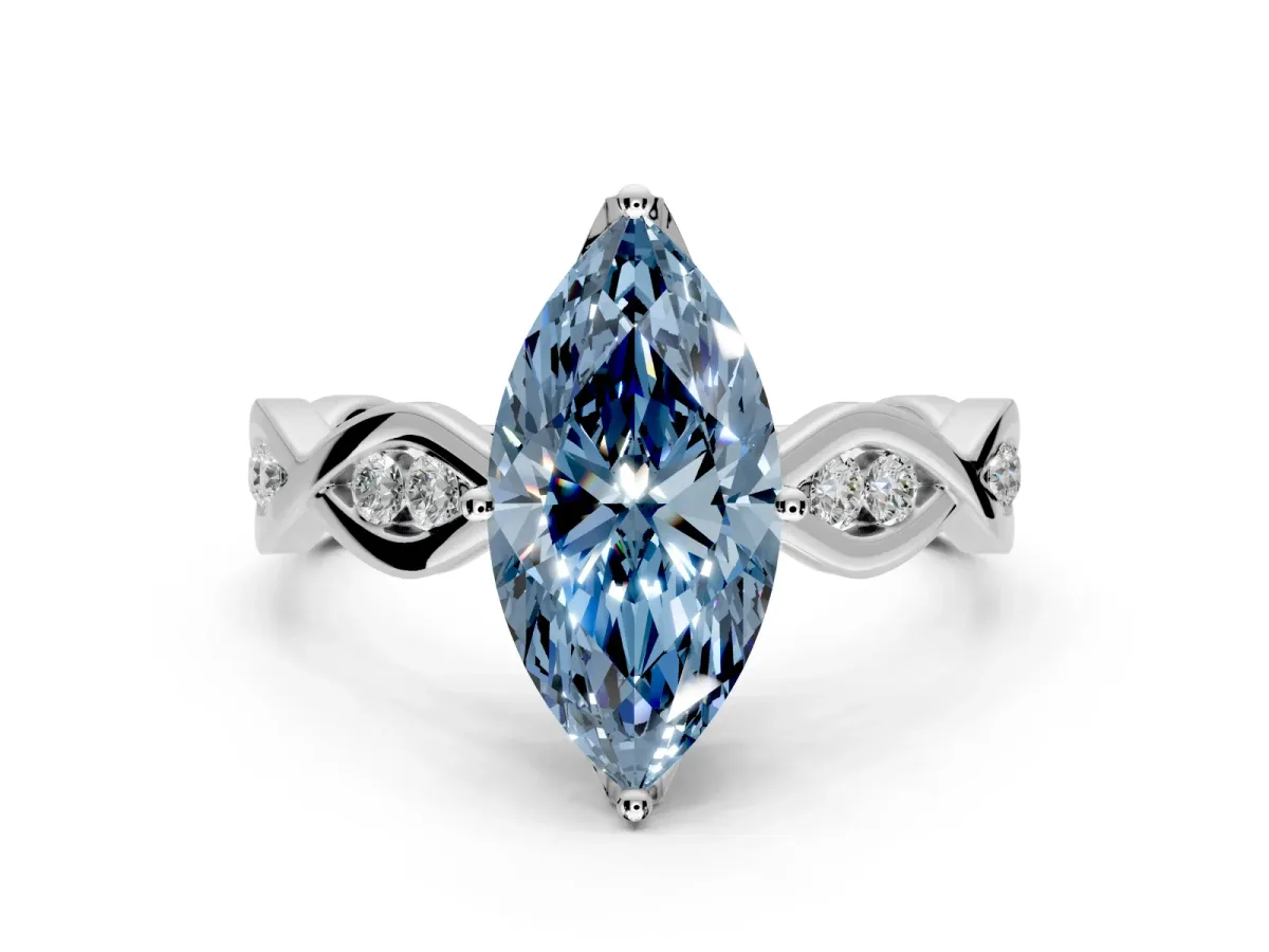Solitaire Engagement Ring Setting for Fancy Blue Marquise Center with Accented Twist Band and Leaf Prong Head in Platinum
