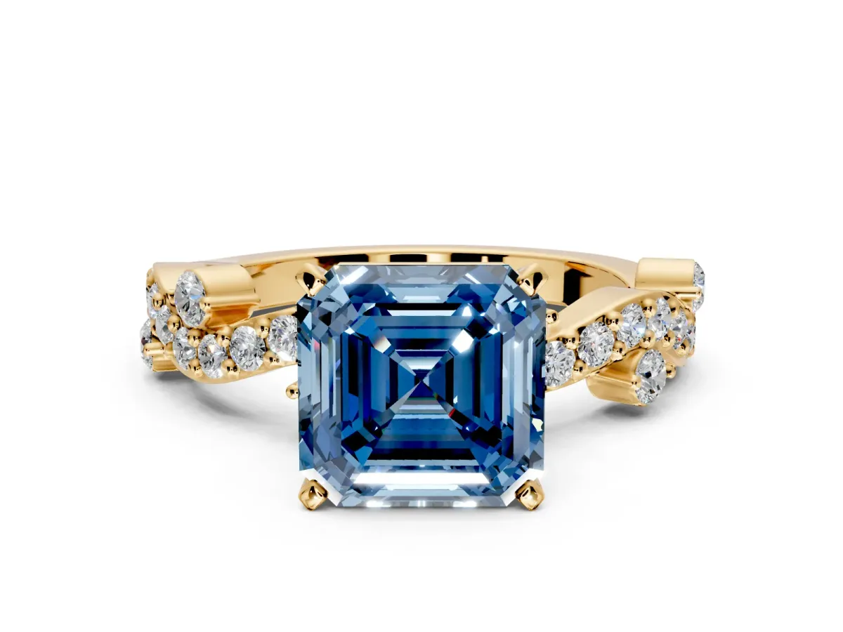 Solitaire Engagement Ring Setting for Fancy Blue Asscher Cut Center with Bar-Station Pave Twist and Prong Head in Yellow Gold
