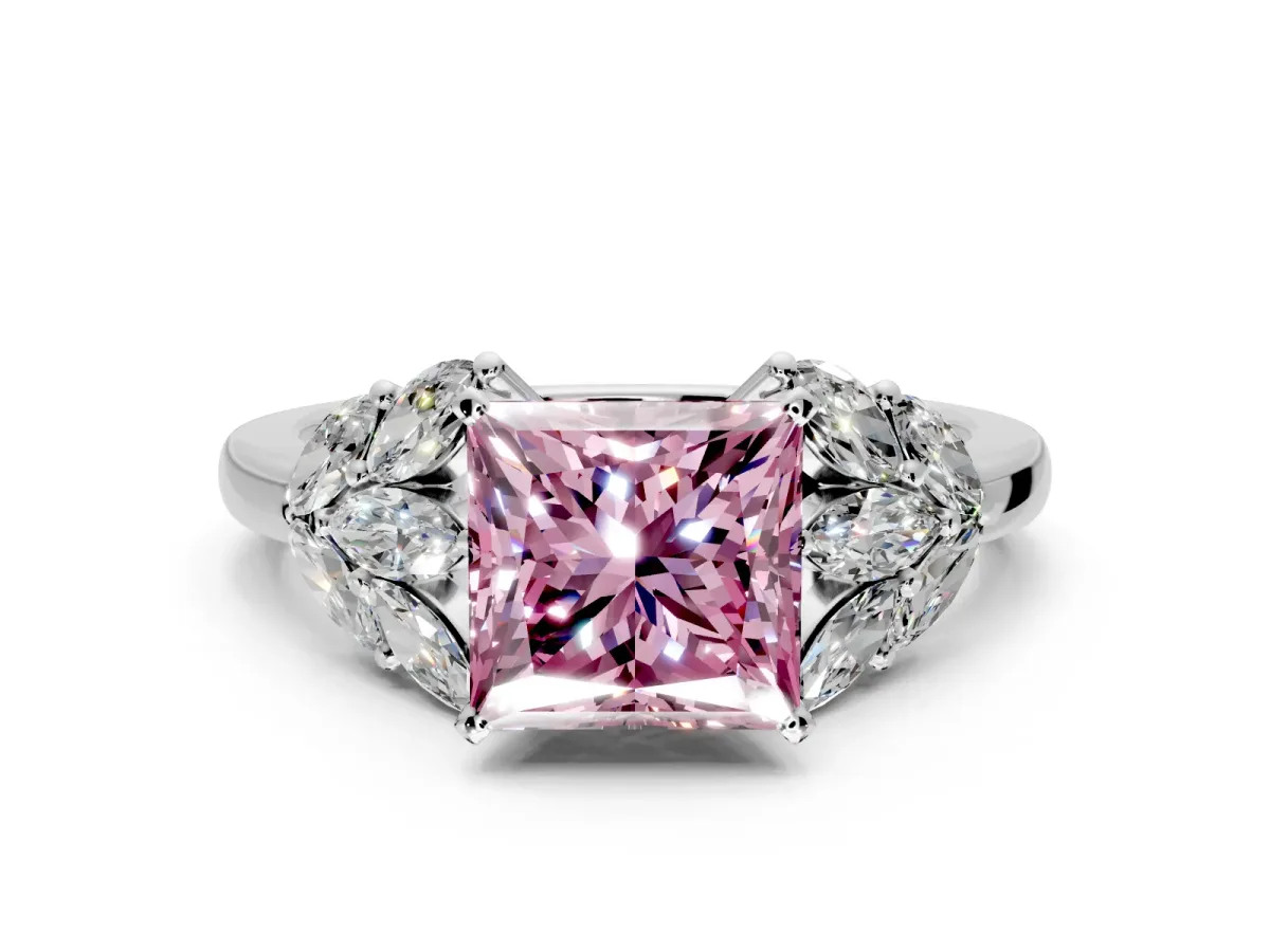 Leaf Cluster Engagement Ring Setting for Fancy Pink Princess Cut Center with Marquise Accents and Prong Head in Sterling Silver