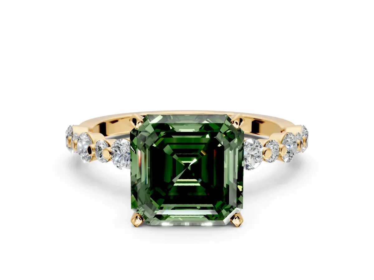 Solitaire Engagement Ring Setting for Fancy Green Asscher Cut Center with Alternating Size Accents and Prong Head in Yellow Gold