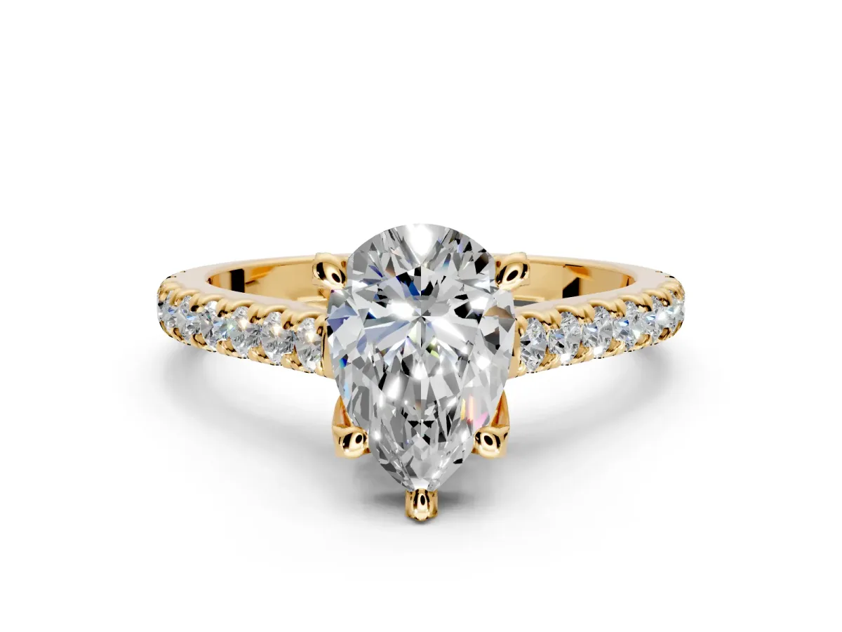 Solitaire Engagement Ring Setting for Pear-Shaped Center with Widening Pave Band and Claw Prong Head in Yellow Gold