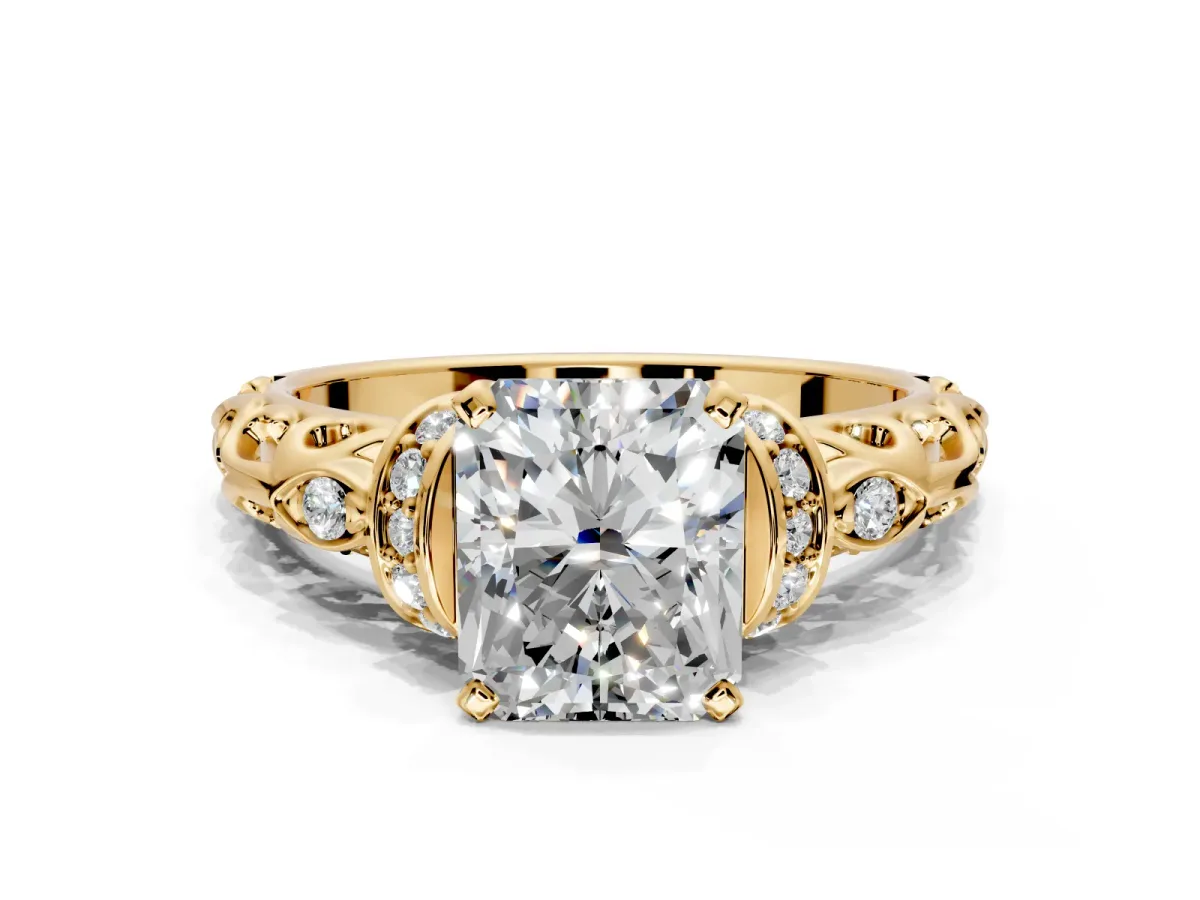 Solitaire Engagement Ring Setting for Radiant Cut Center with Filigree Band and Prong Head in Yellow Gold