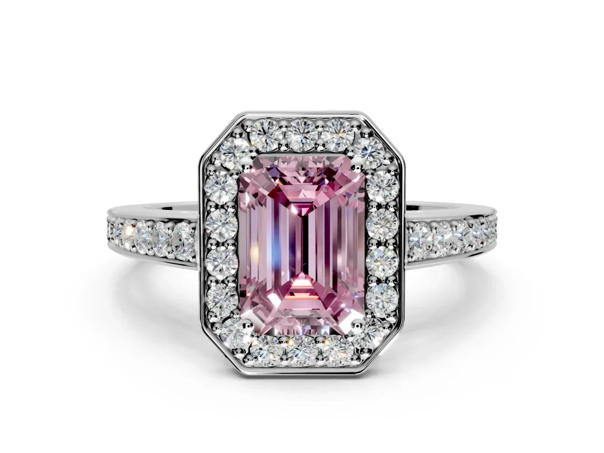 Bezel-Framed Halo Engagement Ring Setting for Fancy Pink Emerald Cut Center with Pave Band and Prong Head in Platinum