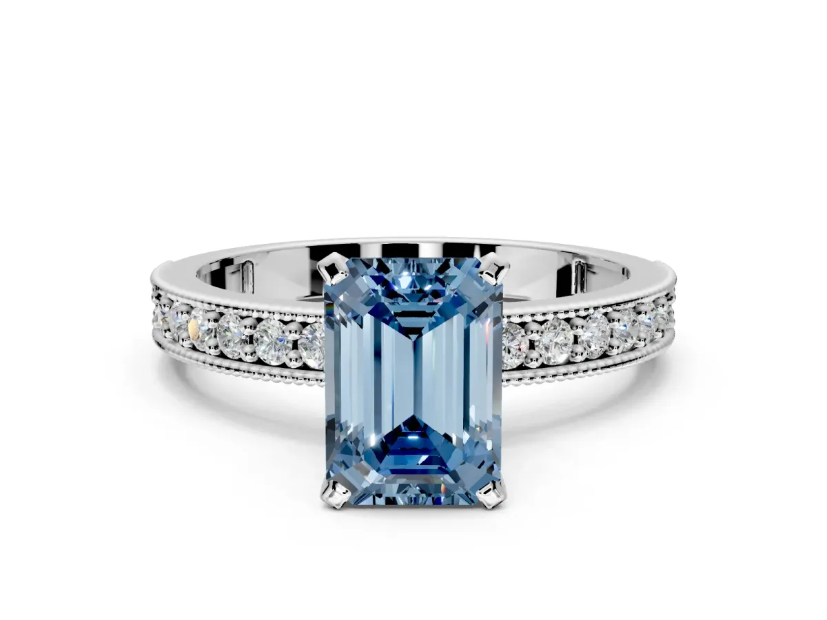 Milgrain Pave Engagement Ring Setting for Fancy Blue Emerald Cut Center with Accent Band and Prong Head in White Gold