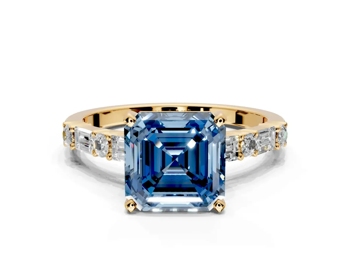 Baguette Engagement Ring Setting for Fancy Blue Asscher Cut Center with Alternating Bar-Set Band and Prong Head in Yellow Gold
