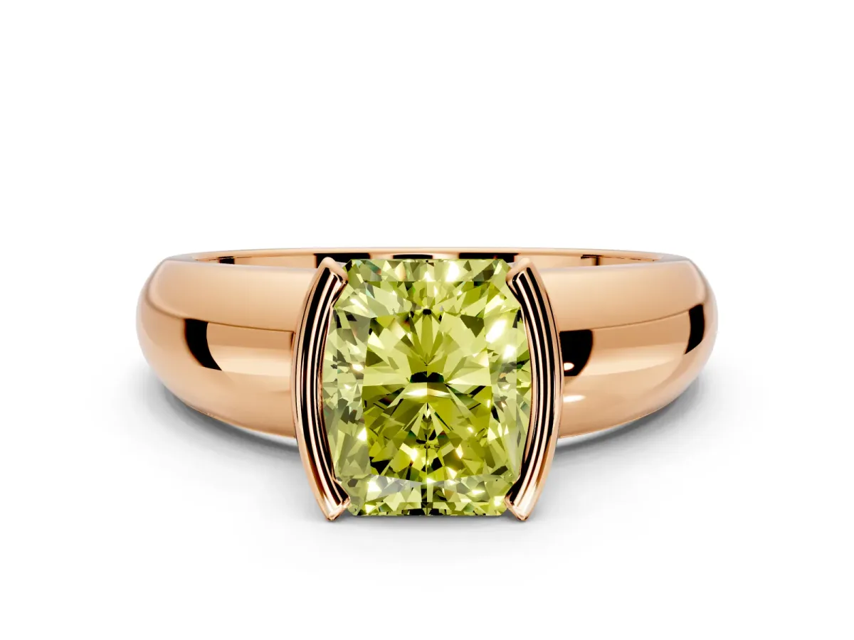 Tension Engagement Ring Setting for Fancy Yellow Radiant Cut Center with Wide Flat Band and Tension Head in Rose Gold
