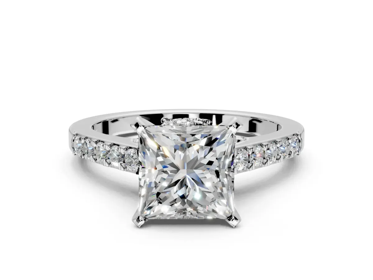 Solitaire Engagement Ring Setting for Princess Cut Center with Crossover Accents and Prong Head in Platinum