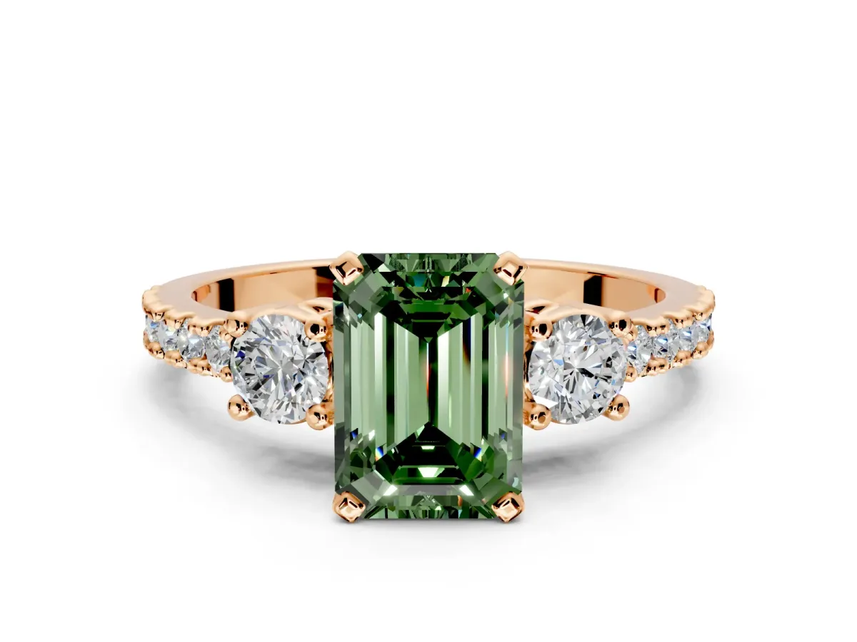 3 Stone Engagement Ring Setting for Fancy Green Emerald Cut Center with Round Cut Side Accents and Prong Head in Rose Gold