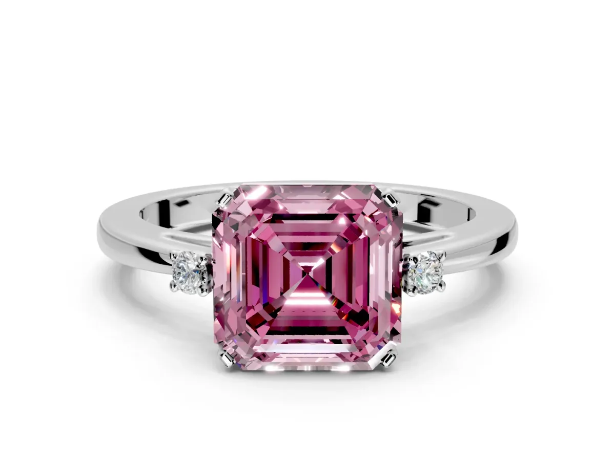 3 Stone Engagement Ring Setting for Fancy Pink Asscher Cut Center with Low-Set Round Cut Accents and Prong Head in Sterling Silver