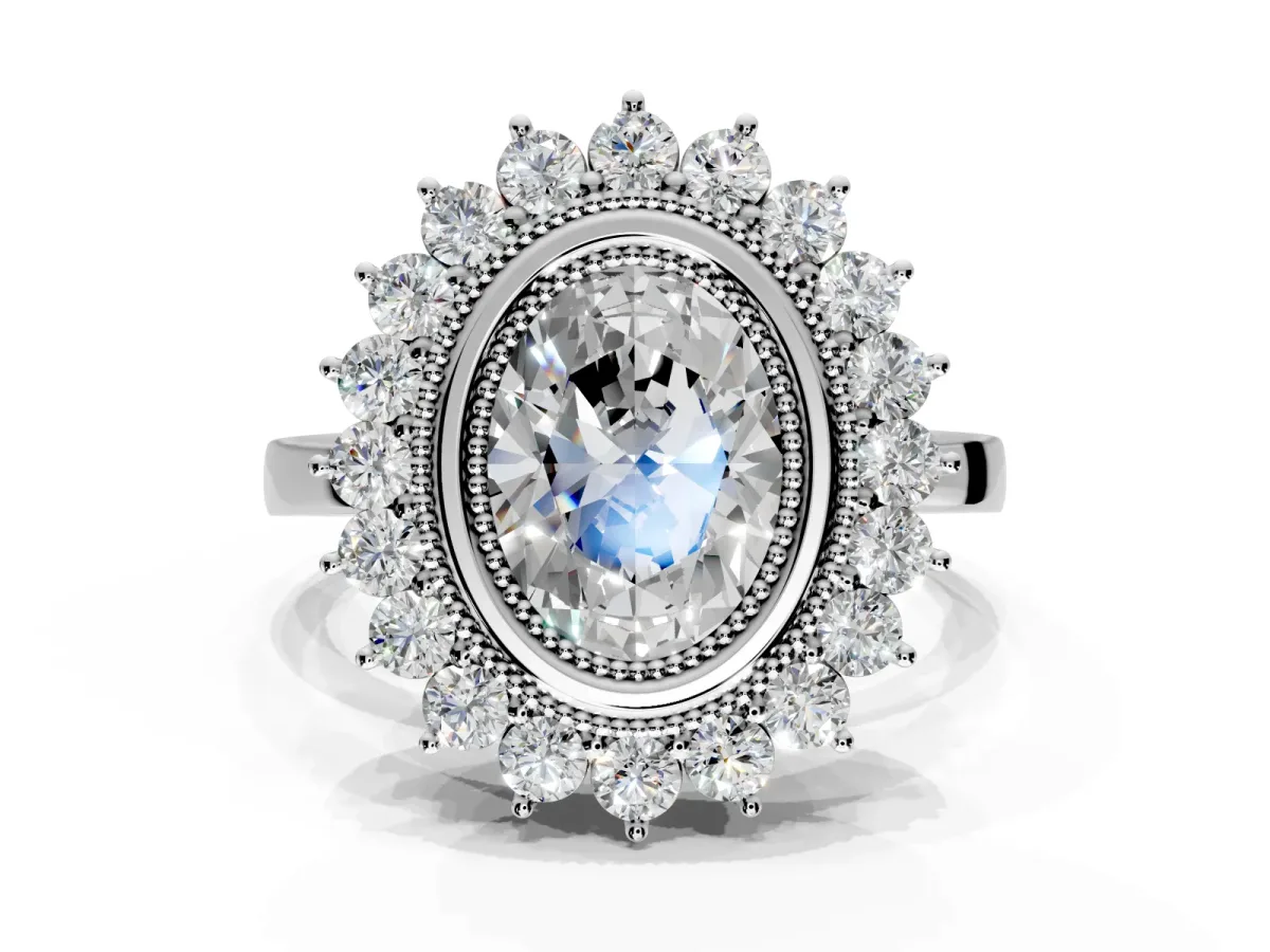Halo Engagement Ring Setting for Oval Center with Milgrain Bezel Rim, Plain Band and Prong Head in Platinum