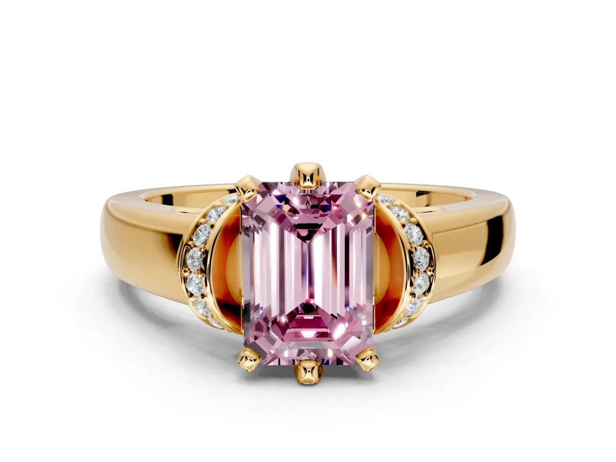 Solitaire Engagement Ring Setting for Fancy Pink Emerald Cut Center with Wide Band, Pave Collar and Prong Head in Yellow Gold