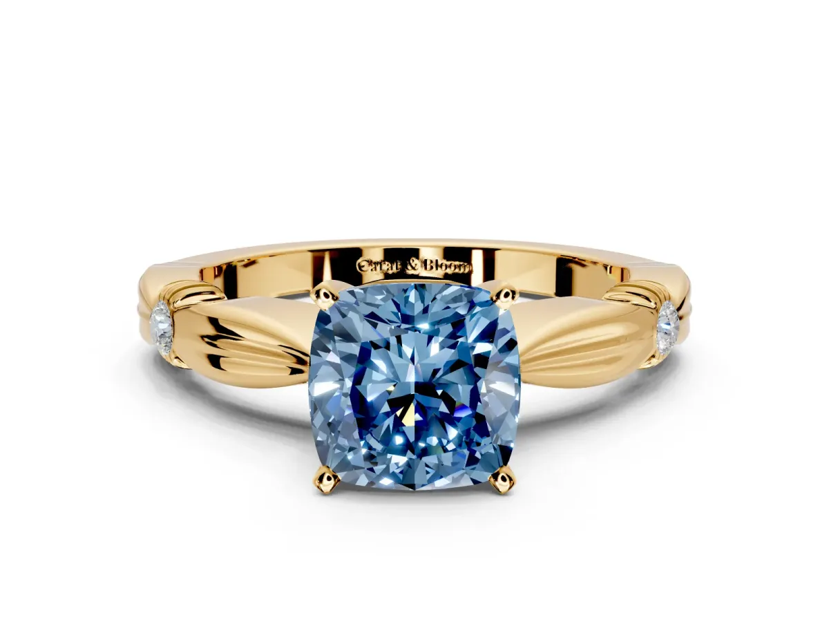 Solitaire Engagement Ring Setting for Fancy Blue Cushion Cut Center with Carved Leaf Shoulders and Prong Head in Yellow Gold