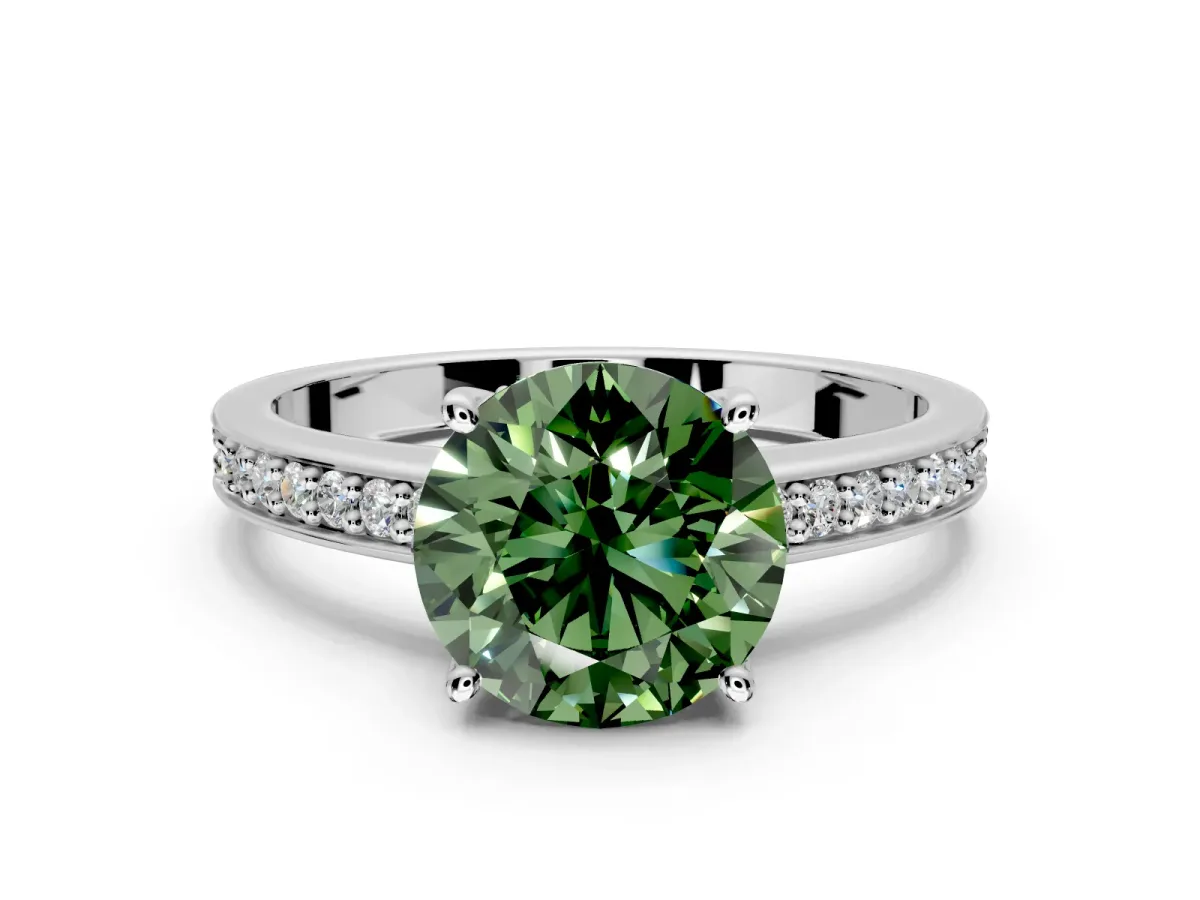 Solitaire Engagement Ring Setting for Fancy Green Round Cut Center with Channel-Set Accent Band and Prong Head in Platinum
