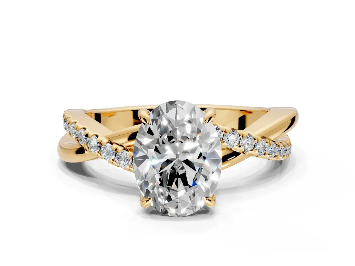 Crossover Engagement Ring Setting for Oval Center with Pave and Plain Strands and Prong Head in Yellow Gold