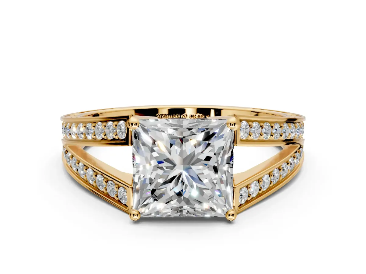 Split Shank Engagement Ring Setting for Princess Cut Center with Pave Split Shank and Prong Head in Yellow Gold
