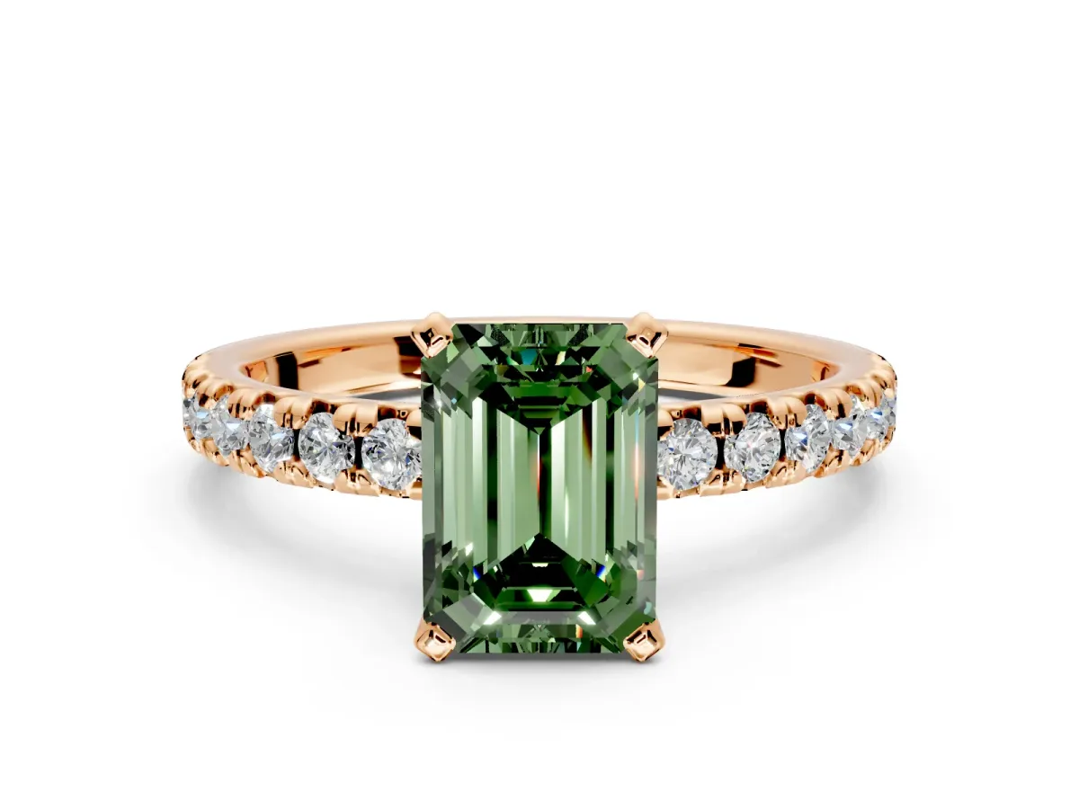 Solitaire Engagement Ring Setting for Fancy Green Emerald Cut Center with Large Accents and Prong Head in Rose Gold