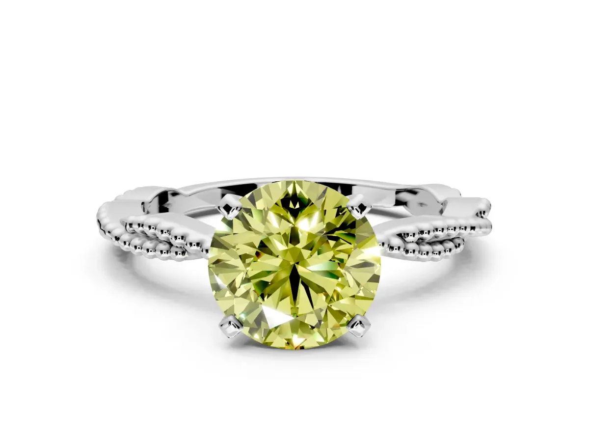 Solitaire Engagement Ring Setting for Fancy Yellow Round Cut Center with Twist Band and Bead Prong Head in Platinum