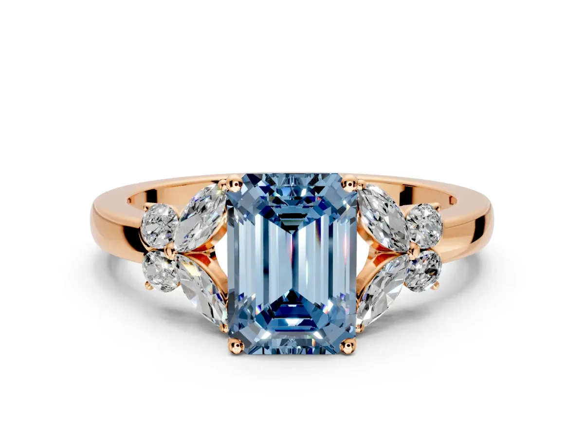Solitaire Engagement Ring Setting for Fancy Blue Emerald Cut Center with Marquise Flower Shoulders and Prong Head in Rose Gold