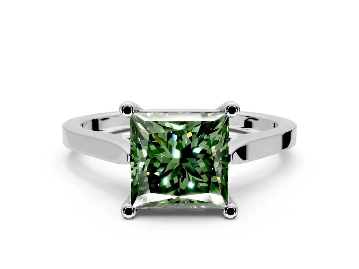 Solitaire Engagement Ring Setting for Fancy Green Princess Cut Center with Tapered Shoulders and Prong Head in Platinum