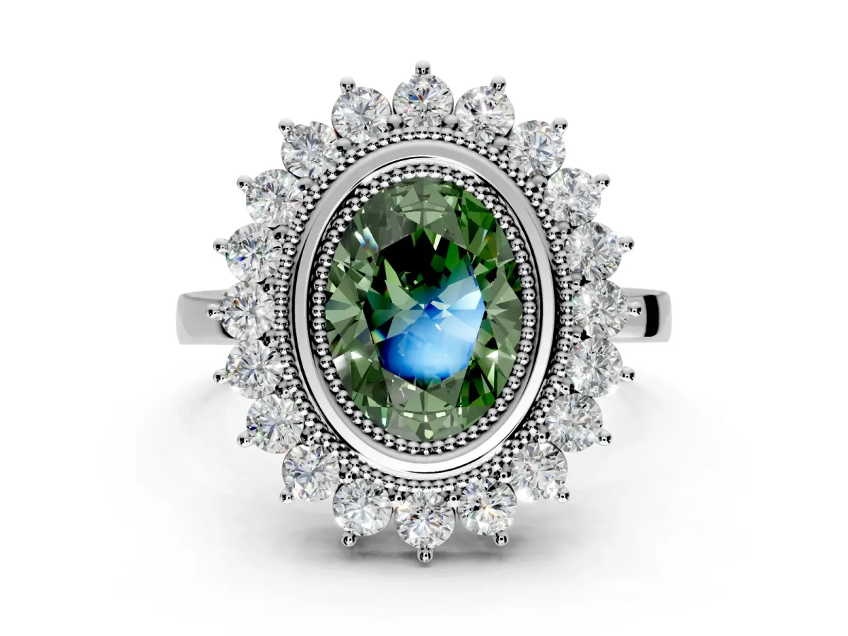 Halo Engagement Ring Setting for Fancy Green Oval Center with Milgrain Bezel Rim, Plain Band and Prong Head in White Gold