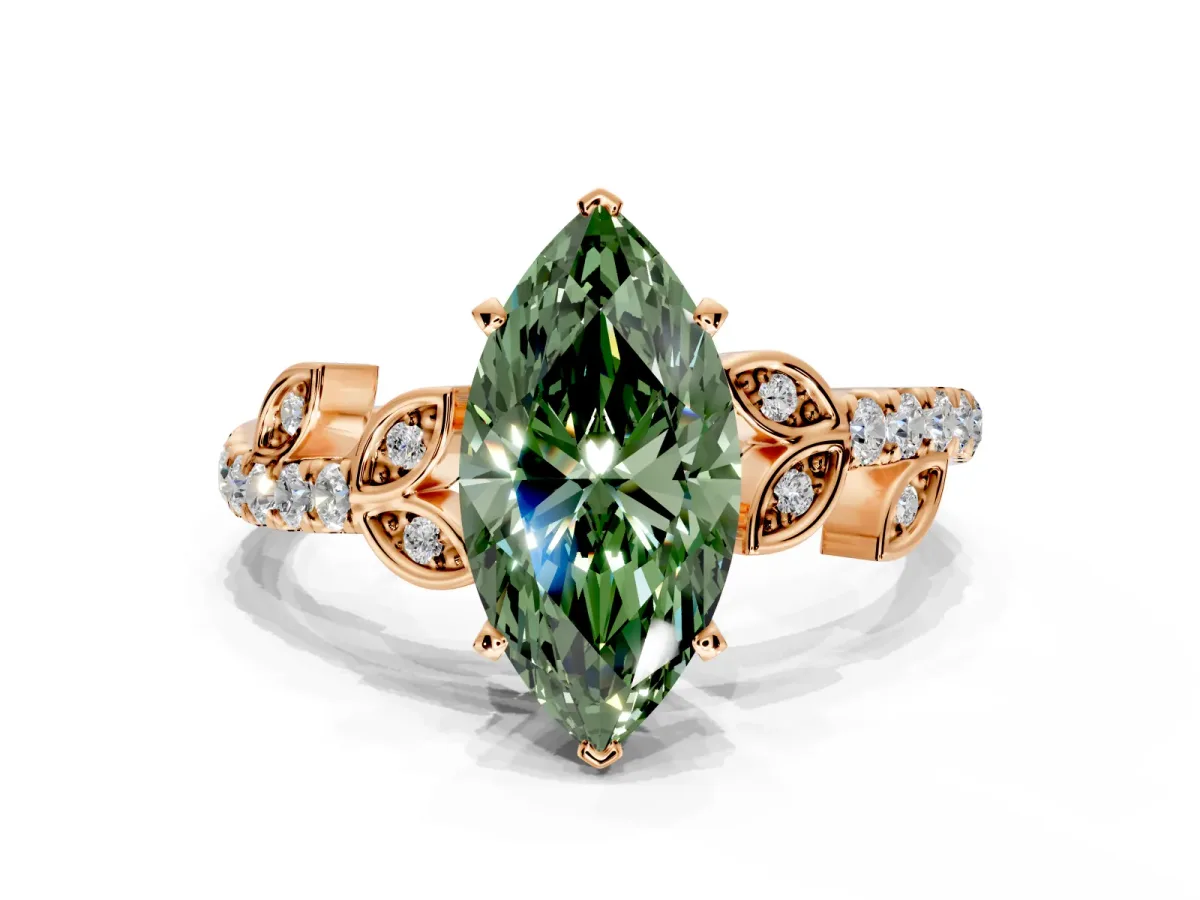 Leaf Motif Engagement Ring Setting for Fancy Green Marquise Center with Pave Band and Prong Head in Rose Gold