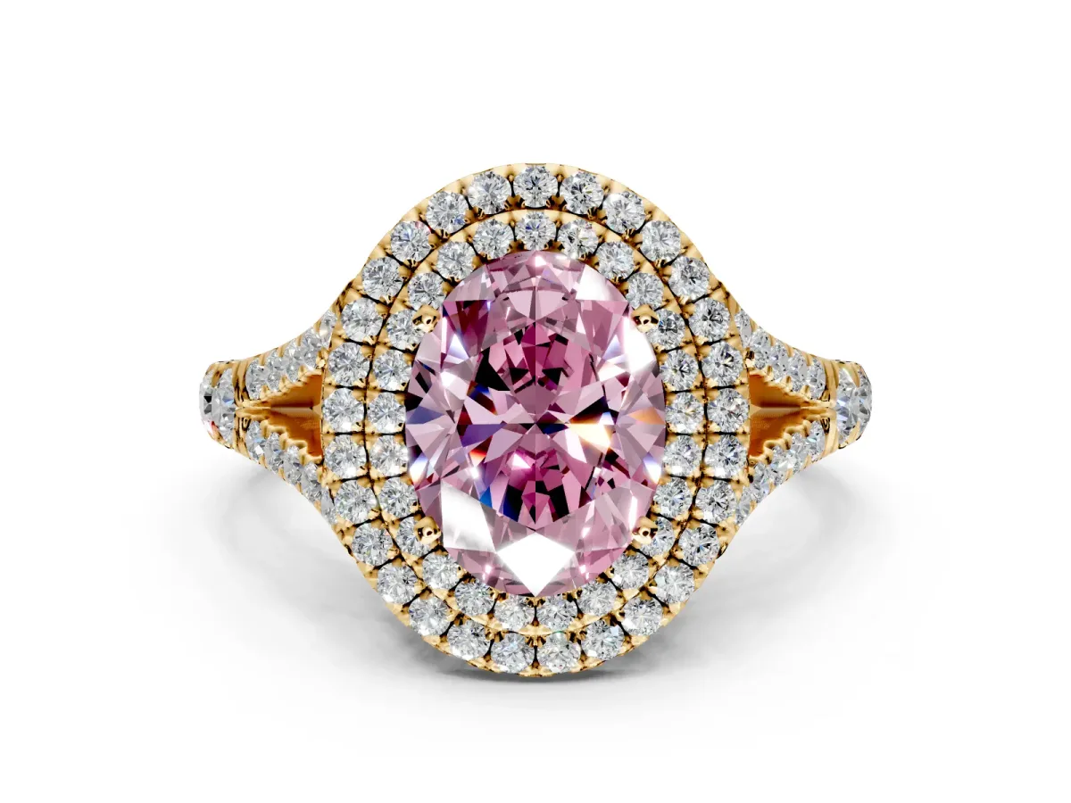 Double Halo Engagement Ring Setting for Fancy Pink Oval Center with Narrow Pave Split Shank and Prong Head in Yellow Gold