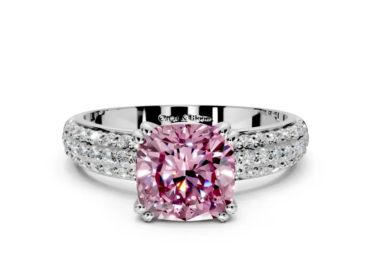 Solitaire Engagement Ring Setting for Fancy Pink Cushion Cut Center with Multi-Row Pave Accents and Basket Head in Sterling Silver