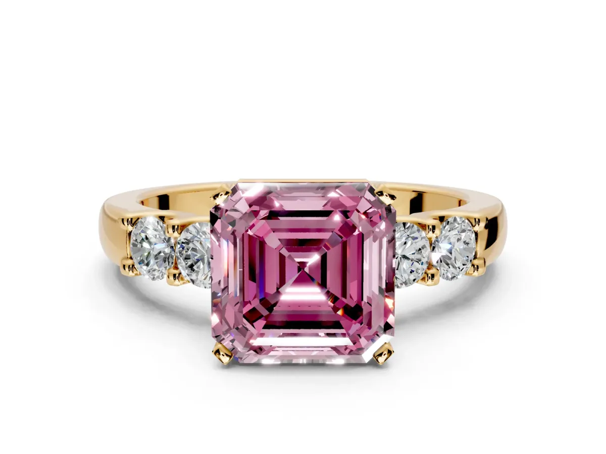 5 Stone Engagement Ring Setting for Fancy Pink Asscher Cut Center with Plain Band and Prong Head in Yellow Gold