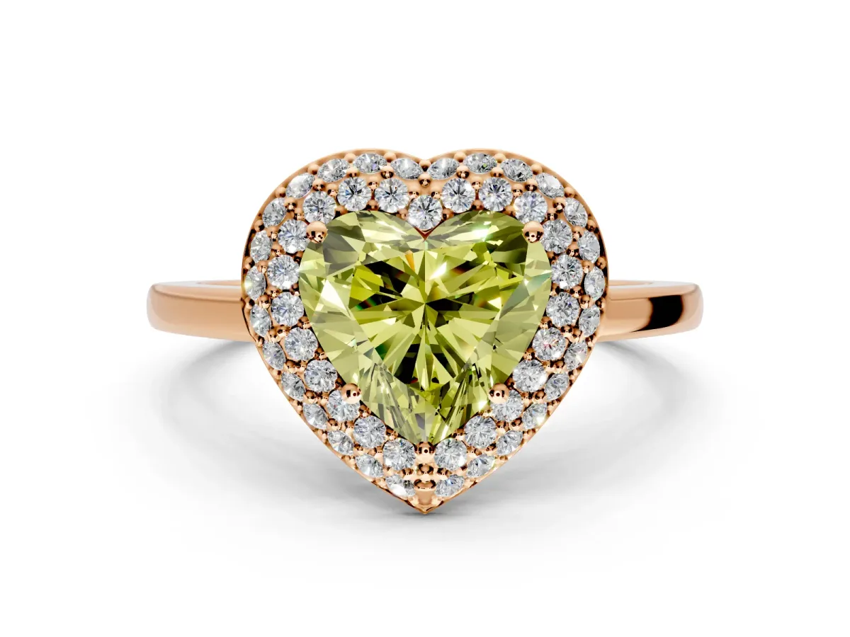 Halo Engagement Ring Setting for Fancy Yellow Heart-Shaped Center with Plain Tapered Band and Prong Head in Rose Gold